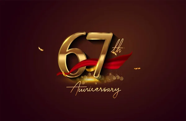 67Esimo Anniversario Logo Con Nastro Rosso Coriandoli Dorati Isolati Sfondo — Foto Stock