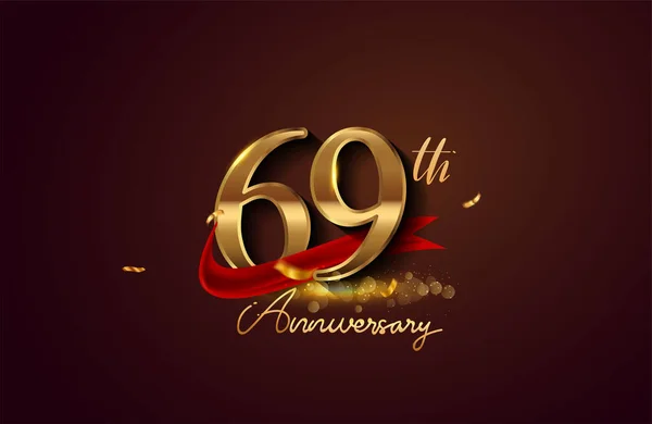 69th anniversary logo with red ribbon and golden confetti isolated on elegant background, sparkle, vector design for greeting card and invitation card.