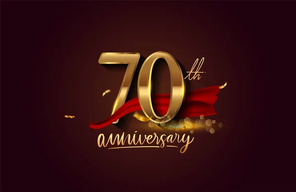 70th anniversary logo with red ribbon and golden confetti isolated on elegant background, sparkle, vector design for greeting card and invitation card.