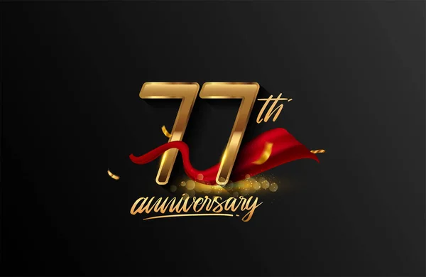 77Th Jubileum Logotyp Med Rött Band Och Gyllene Konfetti Isolerad — Stockfoto