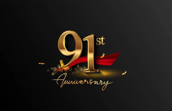 91St Anniversary Logo Red Ribbon Golden Confetti Isolated Elegant Background — Stock Photo, Image