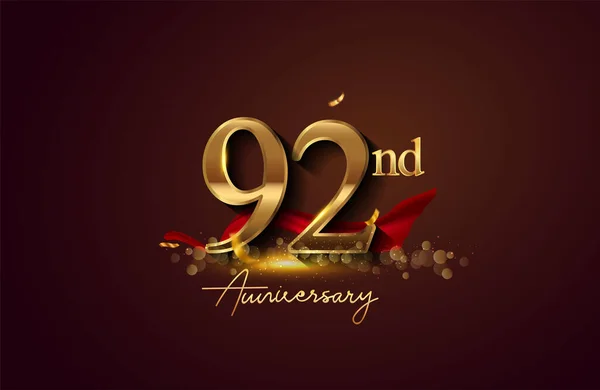 92nd anniversary logo with red ribbon and golden confetti isolated on elegant background, sparkle, vector design for greeting card and invitation card.
