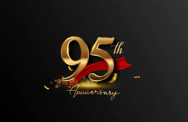 95Th Anniversary Logo Red Ribbon Golden Confetti Isolated Elegant Background — Stock Photo, Image