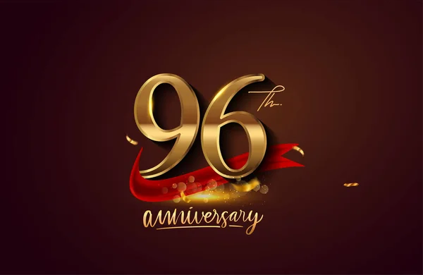 96Esimo Anniversario Logo Con Nastro Rosso Coriandoli Dorati Isolati Sfondo — Foto Stock
