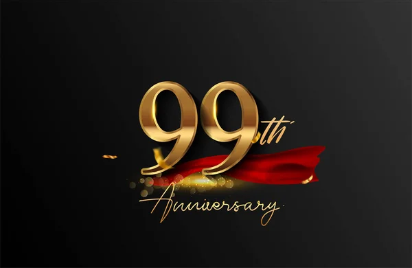 Logo Del 99Esimo Anniversario Con Nastro Rosso Coriandoli Dorati Isolati — Foto Stock