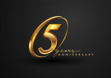 5. Yıldönümü Kutlaması. Siyah arkaplanda izole edilmiş yüzük ve zarafetle yıldönümü logosu, kutlama için vektör tasarımı, davetiye kartı ve tebrik kartı.