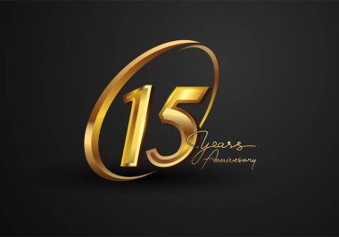 15. Yıldönümü Kutlaması. Siyah arkaplanda izole edilmiş yüzük ve zarafetle yıldönümü logosu, kutlama için vektör tasarımı, davetiye kartı ve tebrik kartı.