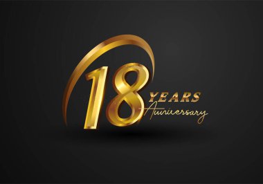 18 Yıldönümü Kutlaması. Siyah arkaplanda izole edilmiş yüzük ve zarafetle yıldönümü logosu, kutlama için vektör tasarımı, davetiye kartı ve tebrik kartı.
