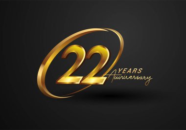 22. Yıldönümü Kutlaması. Siyah arkaplanda izole edilmiş yüzük ve zarafetle yıldönümü logosu, kutlama için vektör tasarımı, davetiye kartı ve tebrik kartı.