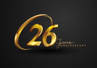 26. Yıldönümü Kutlaması. Siyah arkaplanda izole edilmiş yüzük ve zarafetle yıldönümü logosu, kutlama için vektör tasarımı, davetiye kartı ve tebrik kartı.