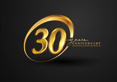 30. Yıldönümü Kutlaması. Siyah arkaplanda izole edilmiş yüzük ve zarafetle yıldönümü logosu, kutlama için vektör tasarımı, davetiye kartı ve tebrik kartı.