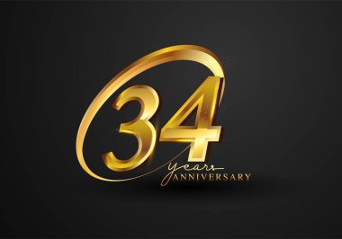 34. Yıldönümü Kutlaması. Siyah arkaplanda izole edilmiş yüzük ve zarafetle yıldönümü logosu, kutlama için vektör tasarımı, davetiye kartı ve tebrik kartı.