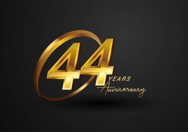 44. Yıldönümü Kutlaması. Siyah arkaplanda izole edilmiş yüzük ve zarafetle yıldönümü logosu, kutlama için vektör tasarımı, davetiye kartı ve tebrik kartı.