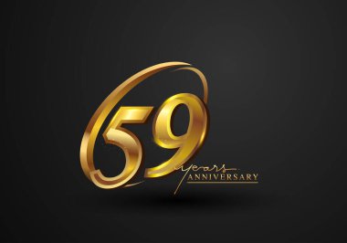 59 Yıldönümü Kutlaması. Siyah arkaplanda izole edilmiş yüzük ve zarafetle yıldönümü logosu, kutlama için vektör tasarımı, davetiye kartı ve tebrik kartı.