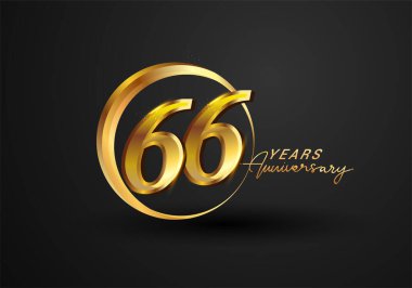 66 Yıldönümü Kutlaması. Siyah arkaplanda izole edilmiş yüzük ve zarafetle yıldönümü logosu, kutlama için vektör tasarımı, davetiye kartı ve tebrik kartı.
