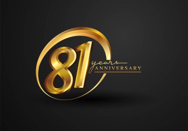 81 Yıldönümü Kutlaması. Siyah arkaplanda izole edilmiş yüzük ve zarafetle yıldönümü logosu, kutlama için vektör tasarımı, davetiye kartı ve tebrik kartı.