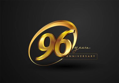 96. Yıldönümü Kutlaması. Siyah arkaplanda izole edilmiş yüzük ve zarafetle yıldönümü logosu, kutlama için vektör tasarımı, davetiye kartı ve tebrik kartı.