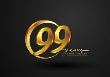 99. Yıldönümü Kutlaması. Siyah arkaplanda izole edilmiş yüzük ve zarafetle yıldönümü logosu, kutlama için vektör tasarımı, davetiye kartı ve tebrik kartı.