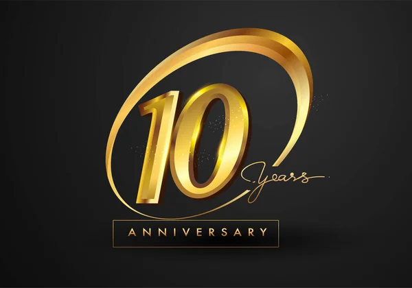 10 Years Anniversary Celebration. Anniversary logo with ring and elegance golden color isolated on black background, vector design for celebration, invitation card, and greeting card