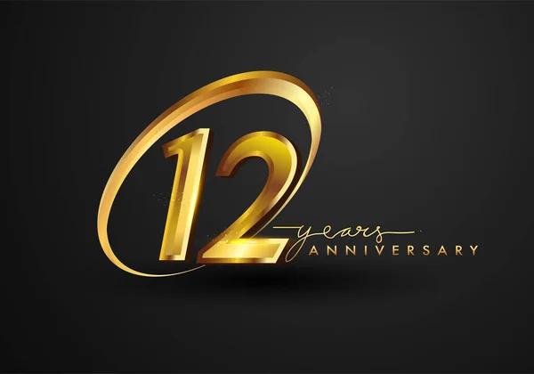12 Years Anniversary Celebration. Anniversary logo with ring and elegance golden color isolated on black background, vector design for celebration, invitation card, and greeting card
