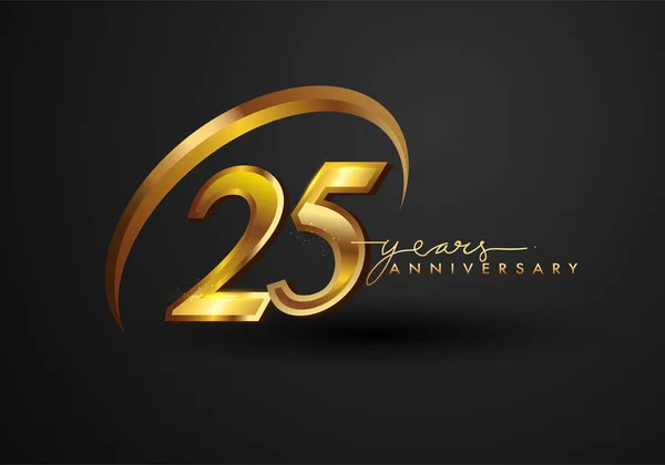 25 Years Anniversary Celebration. Anniversary logo with ring and elegance golden color isolated on black background, vector design for celebration, invitation card, and greeting card