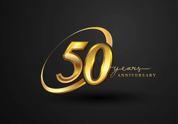 50 Years Anniversary Celebration. Anniversary logo with ring and elegance golden color isolated on black background, vector design for celebration, invitation card, and greeting card