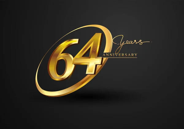 64 Years Anniversary Celebration. Anniversary logo with ring and elegance golden color isolated on black background, vector design for celebration, invitation card, and greeting card