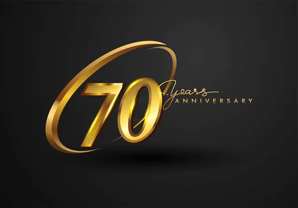 70 Years Anniversary Celebration. Anniversary logo with ring and elegance golden color isolated on black background, vector design for celebration, invitation card, and greeting card