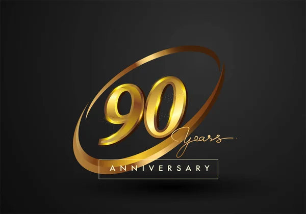 90 Years Anniversary Celebration. Anniversary logo with ring and elegance golden color isolated on black background, vector design for celebration, invitation card, and greeting card