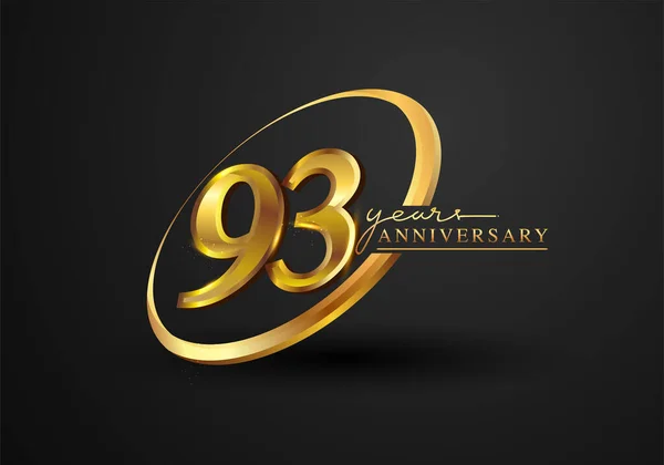 93 Years Anniversary Celebration. Anniversary logo with ring and elegance golden color isolated on black background, vector design for celebration, invitation card, and greeting card