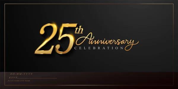 25. yıl dönümü kutlaması logosu. Siyah arka planda izole edilmiş el yazısı, altın rengi zarif bir tasarım. Kutlama, davetiye ve tebrik kartı için vektör yıldönümü.