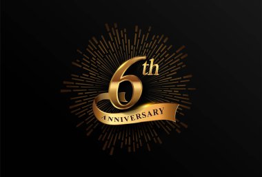 Havai fişek ve altın kurdeleli 6. yıldönümü logosu, zarif bir arka planda izole edilmiş. Kutlama, davetiye ve tebrik kartı için vektör yıldönümü.