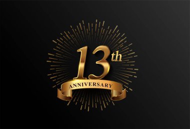 Havai fişek ve altın kurdeleli 13. yıl dönümü logosu, zarif bir arkaplanda izole edilmiş. Kutlama, davetiye ve tebrik kartı için vektör yıldönümü.
