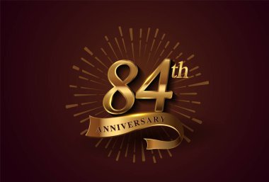 Havai fişek ve altın kurdeleli 84. yıl dönümü logosu, zarif bir arkaplanda izole edilmiş. Kutlama, davetiye ve tebrik kartı için vektör yıldönümü.