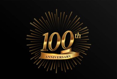 Havai fişek ve altın kurdeleli 100. yıl dönümü logosu, zarif bir arka planda izole edilmiş. Kutlama, davetiye ve tebrik kartı için vektör yıldönümü.
