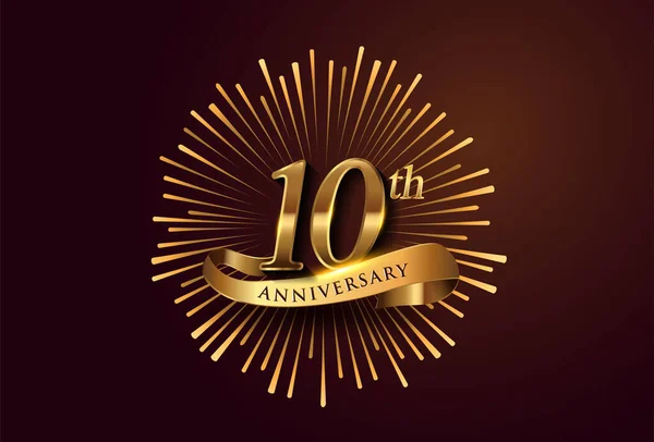 10Th Anniversary Logotype Fireworks Golden Ribbon Elegant Isolated Elegant Background — Stock Vector