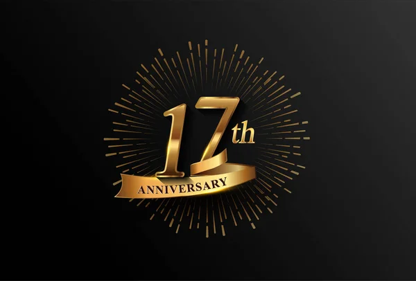 17Th Anniversary Logotype Fireworks Golden Ribbon Isolated Elegant Background Vector — Stock Vector
