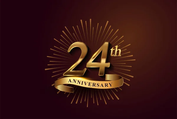 Λογότυπο 24Ης Επετείου Πυροτεχνήματα Και Χρυσή Κορδέλα Απομονωμένο Κομψό Φόντο — Διανυσματικό Αρχείο
