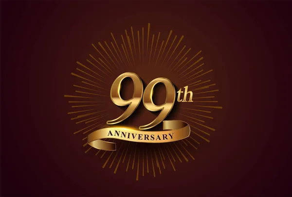 Logo Del 99Esimo Anniversario Con Fuochi Artificio Nastro Dorato Isolato — Vettoriale Stock