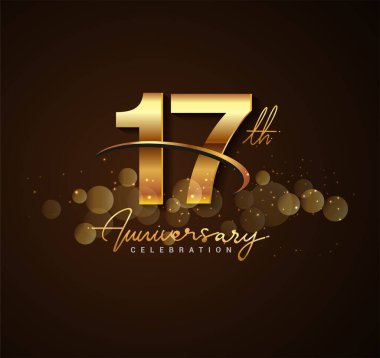 Zarif bir arka planda izole edilmiş parlak ve parlak altın rengi, tebrik kartı ve davetiye kartı için vektör tasarımı içeren 17. altın yıldönümü logosu.