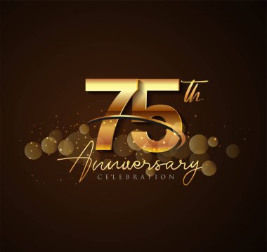 75th golden anniversary logo with swoosh and sparkle golden colored isolated on elegant background, vector design for greeting card and invitation card clipart