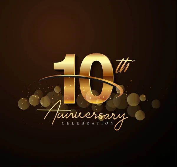 10Th Golden Anniversary Logo Swoosh Sparkle Golden Colored Isolated Elegant — Stock Vector