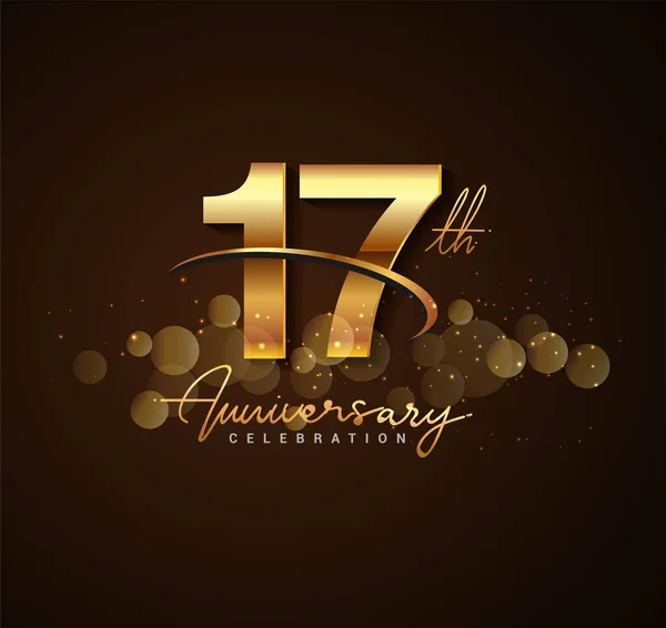 17Th Golden Anniversary Logo Swoosh Sparkle Golden Colored Isolated Elegant — Stock Vector