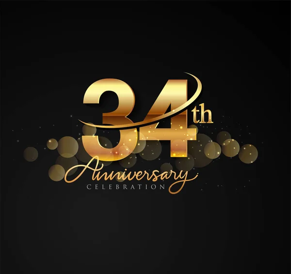 34E Gouden Verjaardag Logo Met Swoosh Glinsterende Goudkleurige Geïsoleerd Elegante — Stockvector