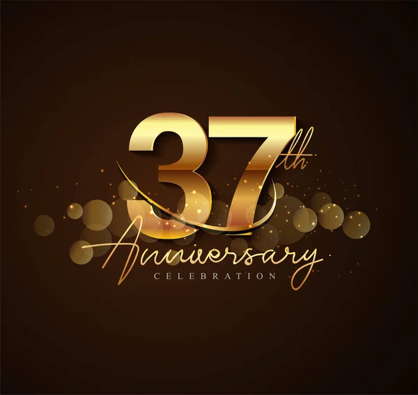 37Th Golden Anniversary Logo Swoosh Sparkle Golden Colored Isolated Elegant — Stock Vector