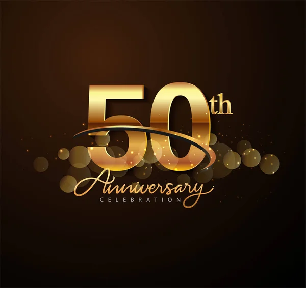 50Th Golden Anniversary Logo Swoosh Sparkle Golden Colored Isolated Elegant — Stock Vector