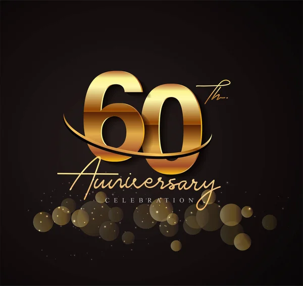 60Th Golden Anniversary Logo Swoosh Sparkle Golden Colored Isolated Elegant — Stock Vector