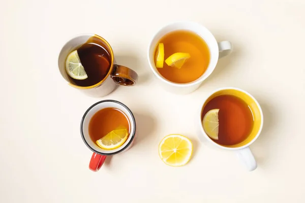 Cups Tea Lemon Beige Background Hot Winter Drinks Concept Top — Stock Photo, Image