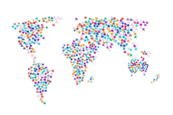 Kreslená Mapa Světa Pestrobarevných Kamínků Formě Hvězd Koncept Globální Svátky — Stock fotografie