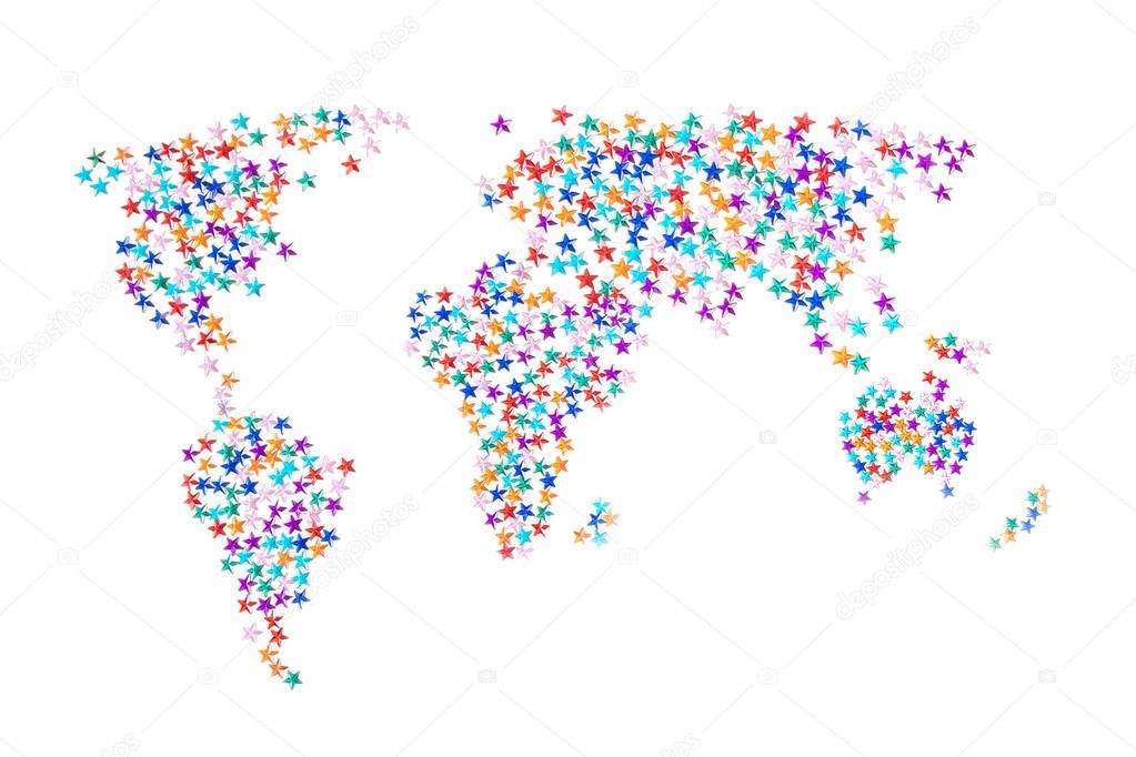 A sketchy world map made of multi-colored rhinestones in the form of stars. The concept of global holidays, New Year, Christmas. White background, minimalism. The approximate outline.